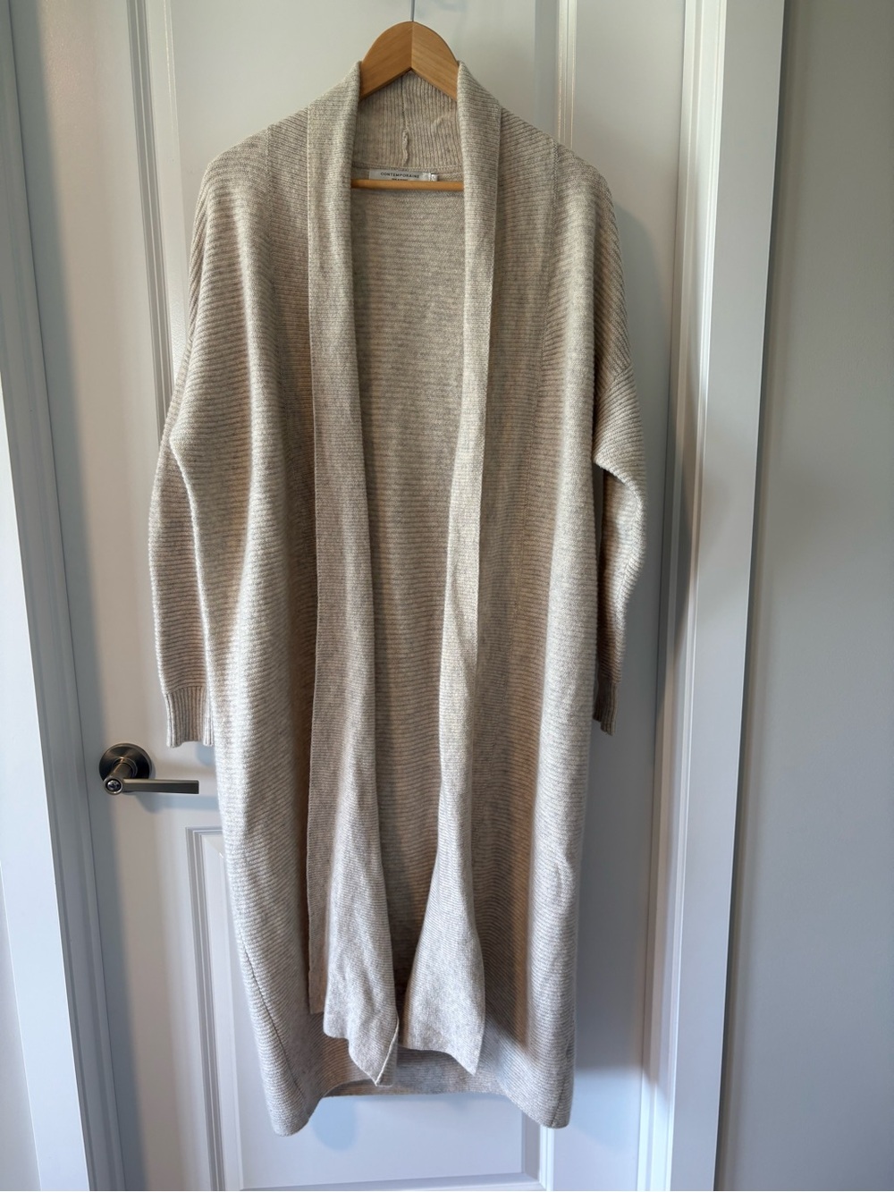 Contemporaine Wool Blend Long Open Front Cardigan Cream Size Large